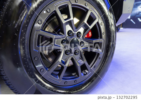 A detailed close-up shot of a modern car wheel 132702295