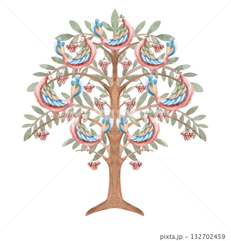 A stylized tree with fairytale birds on its branches and clusters of rowan berries. Isolated watercolor illustration for interior design, apparel, educational materials, and children's room decor. 132702459