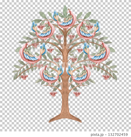 A stylized tree with fairytale birds on its branches and clusters of rowan berries. Isolated watercolor illustration for interior design, apparel, educational materials, and children's room decor. 132702459