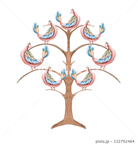 A stylized leafless tree with fairytale birds on its branches. Isolated watercolor illustration for interior design, apparel, educational materials, cards, fabrics, books, and children's room design. 132702464