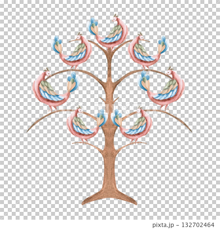 A stylized leafless tree with fairytale birds on its branches. Isolated watercolor illustration for interior design, apparel, educational materials, cards, fabrics, books, and children's room design. 132702464