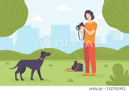 Man Photographer with Camera Take Photo of Dog in Park Vector Illustration 132702481