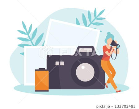 Woman Photographer with Camera Take Photo Vector Illustration 132702483