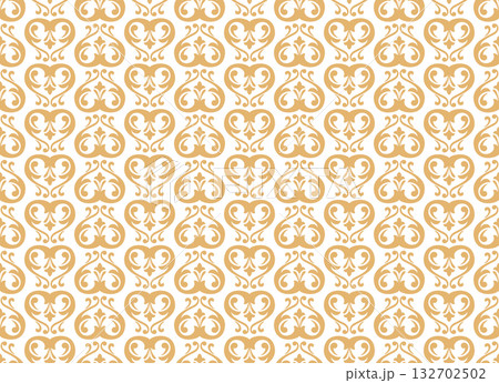 Wallpaper in the style of Baroque. White and golden floral ornament. Seamless vector background. Graphic pattern for fabric, wallpaper, packaging. Ornate Damask flower illustration Wallpaper in the style of Baroque. White and golden floral ornament. Seamless vector background. Graphic pattern for fabric, wallpaper, packaging. Ornate Damask flower illustration 132702502
