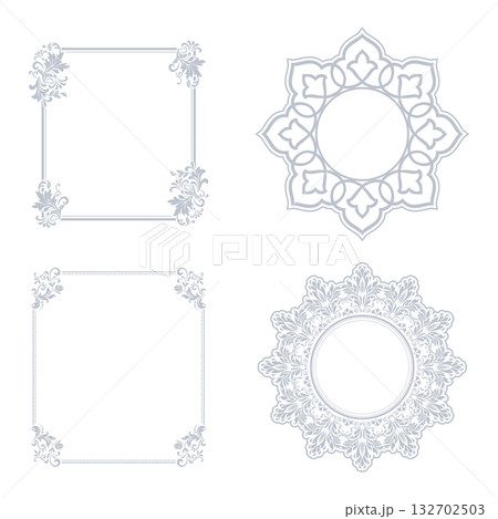 Set of decorative frames Elegant vector element for design in Eastern style, place for text. Floral gray and white borders. Lace illustration for invitations and greeting cards Set of decorative frames Elegant vector element for design in Eastern style, place for text. Floral gray and white borders. Lace illustration for invitations and greeting cards 132702503
