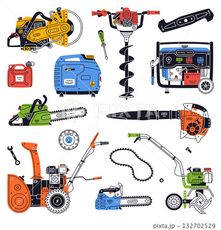Petrol Hand Tools and Equipment for Repair Work Vector Set 132702529