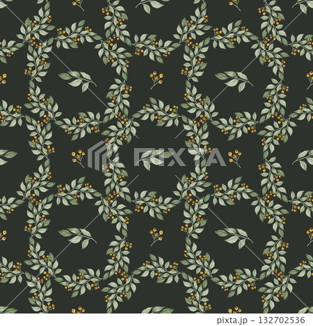 Seamless botanical pattern with eucalyptus branches and yellow berries, hand-painted watercolor foliage design, elegant nature texture for textile and packaging Seamless botanical pattern with eucalyptus branches and yellow berries, hand-painted watercolor foliage design, elegant nature texture for textile and packaging 132702536