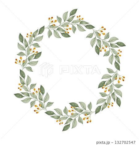 Watercolor wreath with green leaves, elegant botanical circle frame, hand-painted foliage design for invitations, cards and natural decor Watercolor wreath with green leaves, elegant botanical circle frame, hand-painted foliage design for invitations, cards and natural decor 132702547