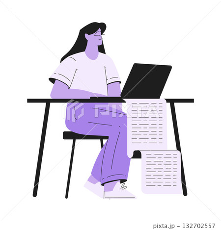 Woman Work with Text Editing and Writing Article on Laptop Vector Illustration 132702557