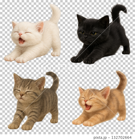 伸びをするかわいい子猫たちのイラスト素材セット 132702664