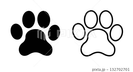 Dog or cat paw icons. Black silhouettes of puppy or kitty footprint isolated on white background. Veterinary clinic or pet shop pictograms. Vector graphic illustration 132702701