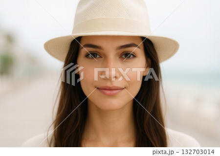 Young Woman In Straw Hat On Coastal Promenade Young Woman In Straw Hat On Coastal Promenade 132703014