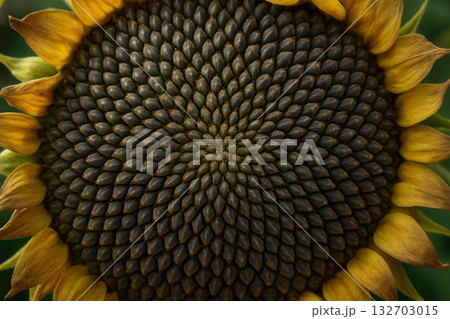 Sunflower Seed Head With Spiraling Pattern And Golden Petals 132703015