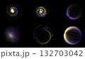 Golden violet data swirl sphere with particle trajectories on dark background 132703042