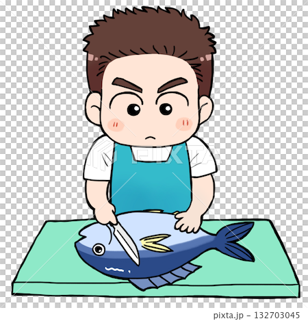 一個男人正在切魚 132703045