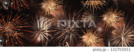 Banner Golden Firework celebrate anniversary independence day night time celebrate national holiday. Countdown 2024 party time event. Happy new year 2025 4th of july holiday festival with copy space 132703051