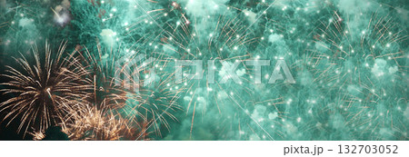 Banner Green firework in night time celebrate national holiday. Green Firework celebrate anniversary happy new year 2024 4th of july holiday festival. Countdown New year 2025 festival with copy space Banner Green firework in night time celebrate national holiday. Green Firework celebrate anniversary happy new year 2024 4th of july holiday festival. Countdown New year 2025 festival with copy space 132703052