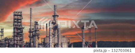 Banner Oil refinery gas petrol plant industry with crude tank, gasoline supply chemical factory. Petroleum barrel fuel heavy industry oil refinery manufacturing factory plant on twilight night time 132703061
