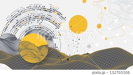 Abstract wireframe background. Modern science or technology art elements. Surface illustration inside circles Abstract wireframe background. Modern science or technology art elements. Surface illustration inside circles 132703108
