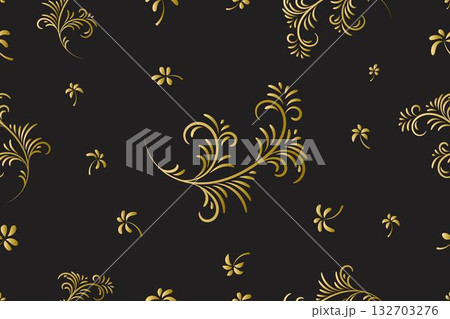 Elegant floral seamless pattern, for fabric, textile, clothing, wrapping paper, cover, home decor, abstract background vector illustration. Gradient gold color on black background. Elegant floral seamless pattern, for fabric, textile, clothing, wrapping paper, cover, home decor, abstract background vector illustration. Gradient gold color on black background. 132703276