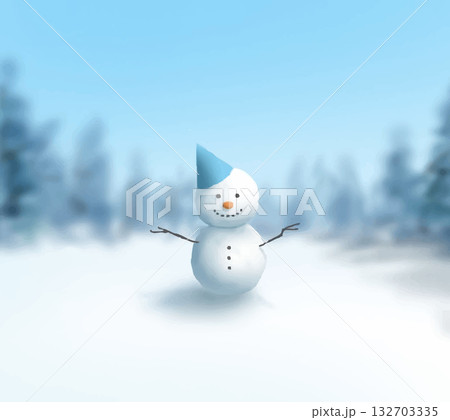 ふんわり雪景色の中のかわいい雪だるま 132703335