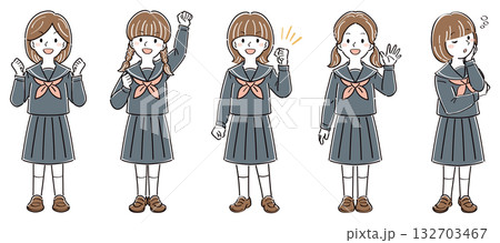 制服姿の女子学生の全身イラストセット・様々なポーズと表情（ガッツポーズ、手を振る、悩む） 132703467
