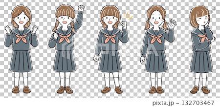 一組身著制服的女學生全身插畫,包含各種姿勢和表情(握拳、揮手、擔憂)。 一組身著制服的女學生全身插畫,包含各種姿勢和表情(握拳、揮手、擔憂)。 132703467
