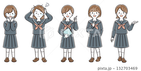制服姿の女子学生の全身イラストセット・様々なポーズと表情（不安、苦悩、説明、納得、案内） 132703469