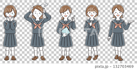 制服姿の女子学生の全身イラストセット・様々なポーズと表情（不安、苦悩、説明、納得、案内） 132703469