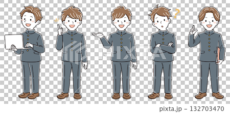 一組身著制服的男學生全身插畫，姿勢和表情各異（筆記型電腦、講解、指導、提問） 132703470