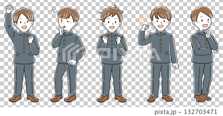 Full-body illustration set of male students in uniforms, various poses and expressions (fist pump, thinking, worrying) Full-body illustration set of male students in uniforms, various poses and expressions (fist pump, thinking, worrying) 132703471