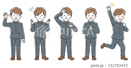 制服姿の男子学生の全身イラストセット・様々なポーズと表情（手を振る、不安、苦悩、納得） 132703472