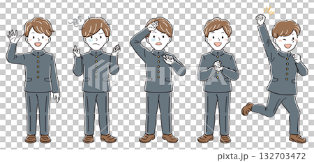 制服姿の男子学生の全身イラストセット・様々なポーズと表情（手を振る、不安、苦悩、納得） 132703472
