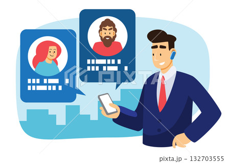 Age of Digital and Information Revolution. Businessman is talking business with customer via online chat. Isolated white background. Vector . Age of Digital and Information Revolution. Businessman is talking business with customer via online chat. Isolated white background. Vector . 132703555