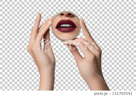 Woman admiring her reflection, focusing on her lips, in handheld mirror held gently in her hands, isolated on transparent background for beauty concepts Woman admiring her reflection, focusing on her lips, in handheld mirror held gently in her hands, isolated on transparent background for beauty concepts 132703591