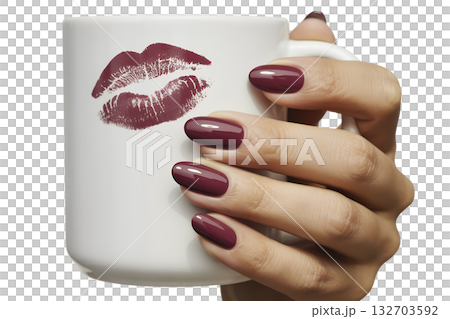 Woman's hand with elegant burgundy nail polish holding white ceramic mug with bold red lipstick kiss mark, isolated on transparent background 132703592