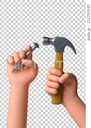 Cartoon hands holding hammer and nail, ready for work or diy project, isolated on transparent background. Perfect for teamwork and construction concepts 132703593