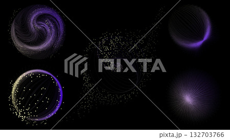 Abstract violet particle galaxy with curved motion lines on black background 132703766