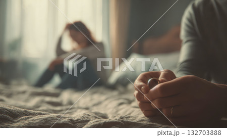 Man sits on bed holding wedding ring while sad woman looks away in dimly lit room 132703888