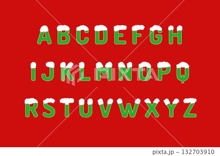 Alphabet uppercase with snow capped effect with green on red background. Christmas and New Year celebrations concept. Alphabet uppercase with snow capped effect with green on red background. Christmas and New Year celebrations concept. 132703910