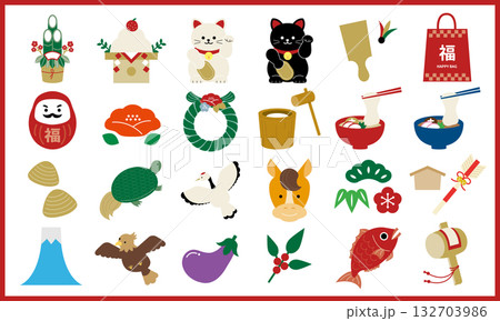 シンプルで縁起の良い日本の伝統的なお正月カットイラスト 132703986