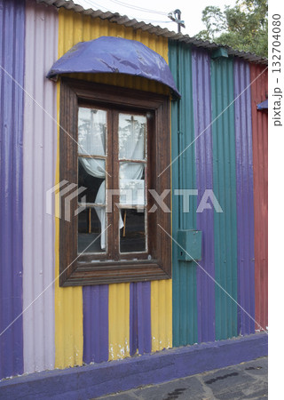 Picturesque typical construction in the town of Puerto Piramides, Peninsula Valdes, Chubut Province, Patagonia, Argentina. 132704080
