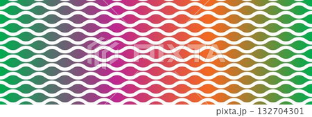 Abstract geometric pattern of wavy stripes and lines with gradient of blue, purple and orange colors, on black background. 132704301