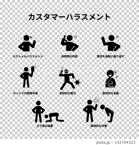 カスタマーハラスメント（カスハラ）のアイコンセット／クレーム対応・接客トラブルのイラスト素材 132704321