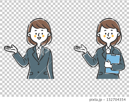 スーツを着た女性社員が案内しているイラスト　上半身　ベクター 132704354