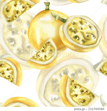 Yellow passion fruits watercolor seamless pattern. Hand drawn tropical fruits background, sweet juicy vegan food and summer drink ingredient clipart for packing, textile design 132704560