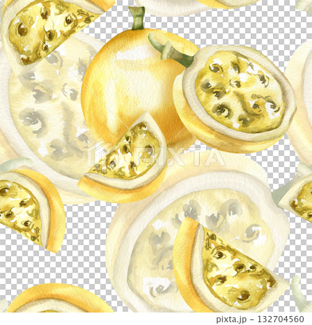 Yellow passion fruits watercolor seamless pattern. Hand drawn tropical fruits background, sweet juicy vegan food and summer drink ingredient clipart for packing, textile design 132704560