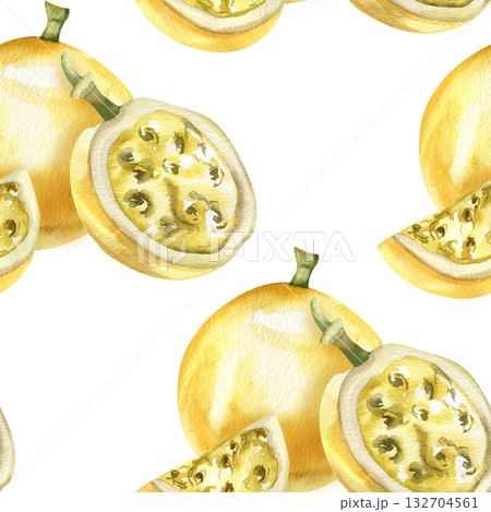 Tropical passion fruits watercolor seamless pattern. Colorful summer background with yellow exotic fruits, juicy repeated clipart for seasonal packing, stationery, fabric design 132704561