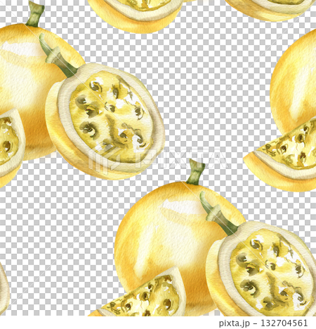 Tropical passion fruits watercolor seamless pattern. Colorful summer background with yellow exotic fruits, juicy repeated clipart for seasonal packing, stationery, fabric design 132704561