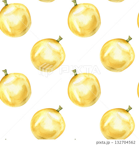 Tropical colorful seamless pattern with watercolor yellow passion fruit ripe illustration. Hand drawn summer exotic fruits background, juicy vegan food clipart for stationery, packing, textile design 132704562